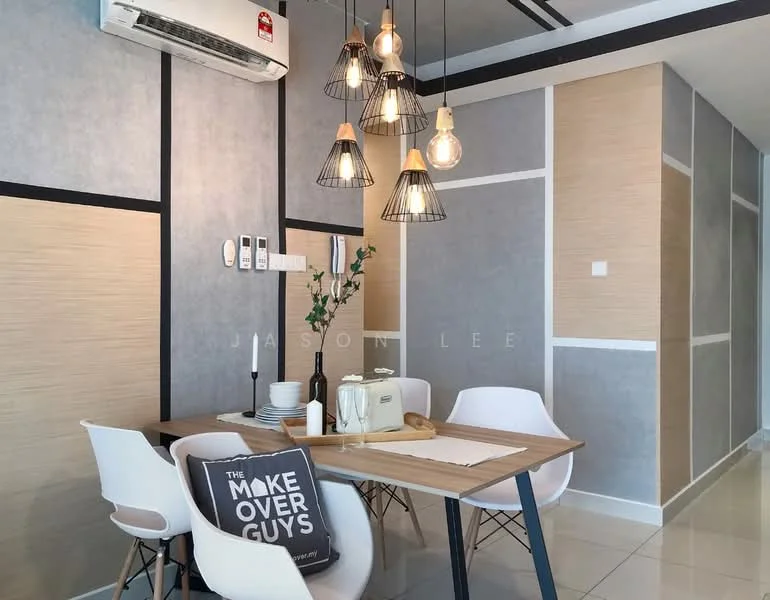 Dining features: dining table with wooden top, 4 white plastic dining chairs, pendant light fixture with multiple bulbs, wall-mounted air conditioning unit, grey accent wall, beige paneling, decorative wall art, decorative plant in vase, table setting with plates and cutlery, throw pillow with text; style: modern.