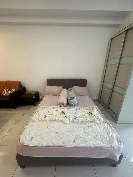 Bedroom features: king-size bed with upholstered headboard, bedding with floral pattern, decorative pillows, white walls, tile flooring, sofa in brown fabric, built-in wardrobe with sliding doors, natural light from window; style: modern.