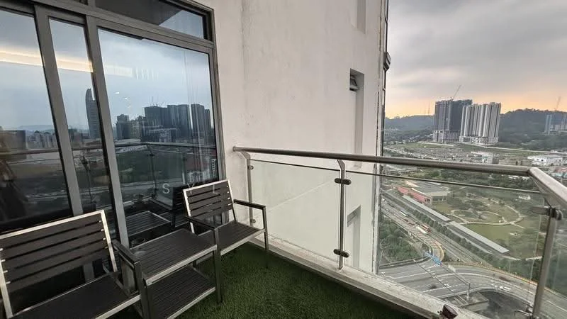 Room features: glass sliding door, metal railing, outdoor seating with two chairs, artificial grass flooring, city skyline view; style: modern; view: city.