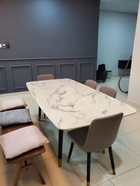 Dining features: marble-top dining table, 4 upholstered dining chairs in grey, 2 cushioned stools, cream tiled flooring, grey accent wall with paneling, wall-mounted light switches, minimalist decor; style: modern.