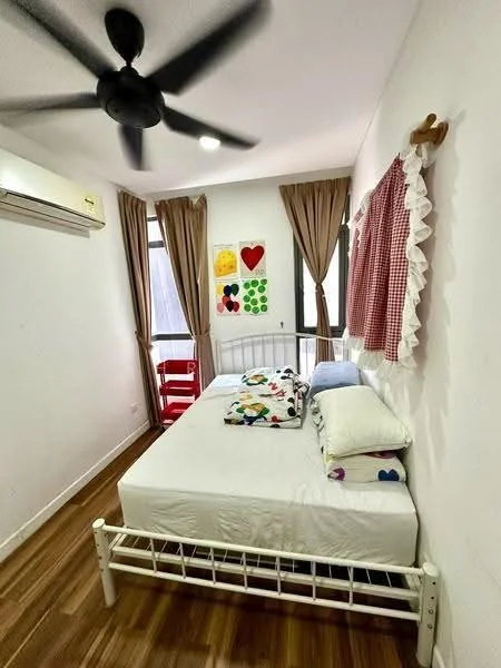 Bedroom features: wooden flooring, white painted walls, 5-blade ceiling fan, floor-to-ceiling windows, sheer curtains, brown curtains, bed with white frame, colorful bedding, decorative wall art, built-in air conditioning unit; style: modern.