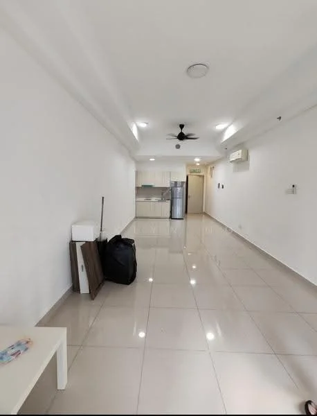 Living features: white painted walls, glossy ceramic tile flooring, 5-blade ceiling fan, wall-mounted air conditioning unit, refrigerator, kitchen cabinetry visible in background, open layout, natural light from ceiling lights; style: modern.