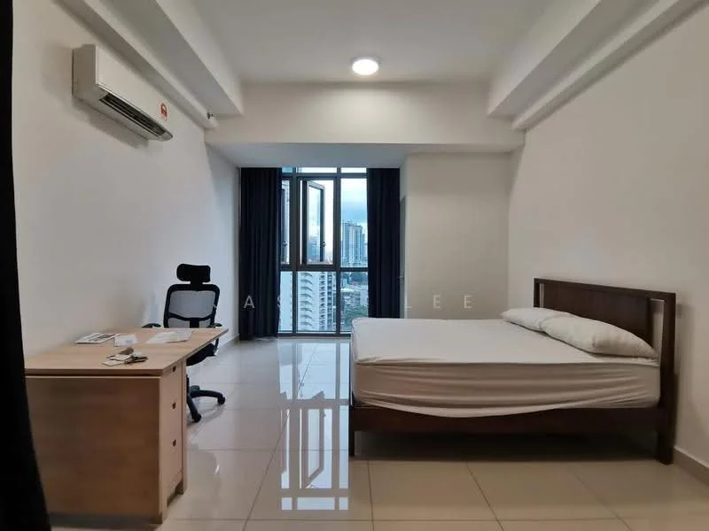 Bedroom features: queen-size bed, wood bed frame, white painted walls, glossy tile flooring, floor-to-ceiling windows, blackout curtains, air conditioning unit, desk with chair, light fixture in ceiling; style: modern; view: city.