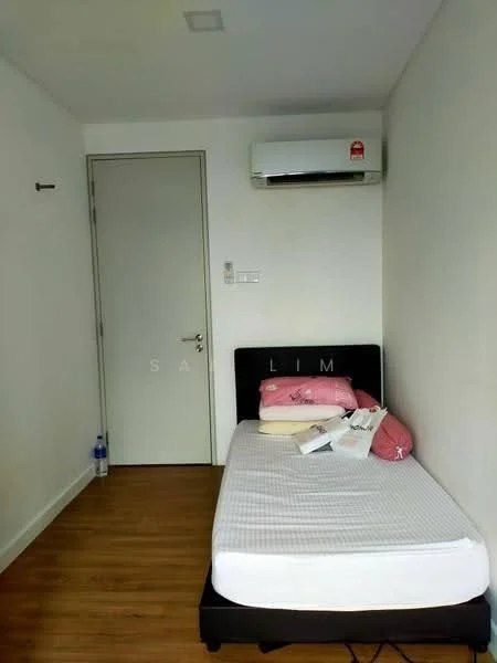 Bedroom features: single bed, wooden flooring, white painted walls, wall-mounted split AC, door, window, bedside pillow, decorative cushions, magazines on bed; style: minimalist.