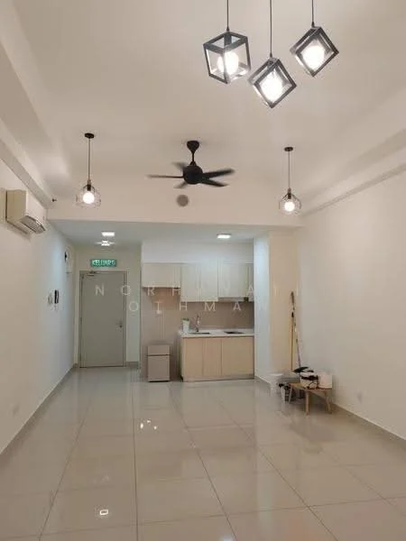 Living features: glossy ceramic tile flooring, white painted walls, recessed downlights, 5-blade ceiling fan with light, pendant lights, kitchen cabinetry with light wood finish, countertop with space for appliances, air conditioning unit, door leading to hallway, open layout, neutral color palette; style: modern.