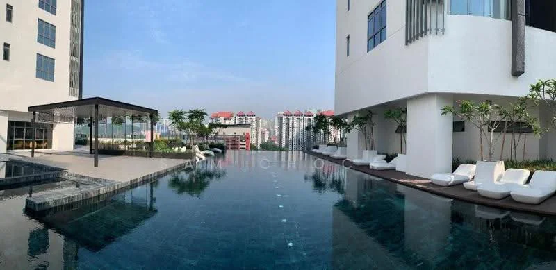 Exterior type: high-rise condominium; features: infinity pool, pool deck with loungers, landscaped garden area, surrounding high-rise buildings, glass railing, outdoor seating area with shade, manicured greenery; style: modern.