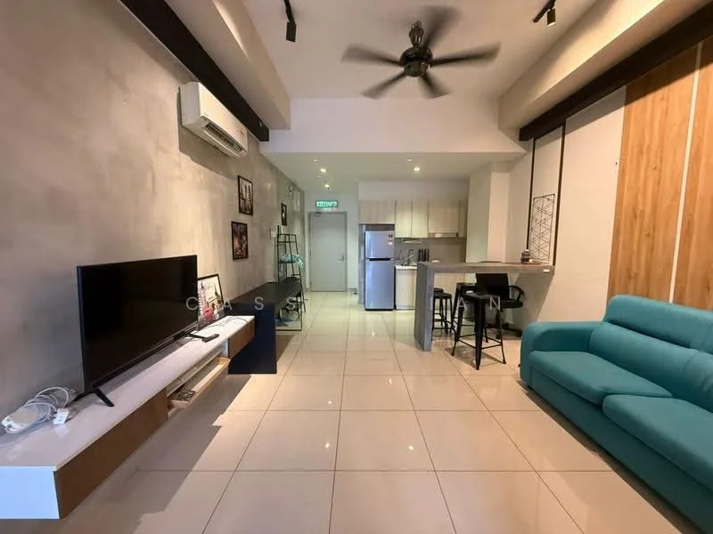 Living features: light grey accent wall, white painted walls, polished tile flooring, 5-blade ceiling fan with light, wall-mounted TV, white TV console, blue fabric sofa, black bar stools, kitchen island, stainless-steel fridge, built-in oven, microwave, recessed downlights; style: modern.