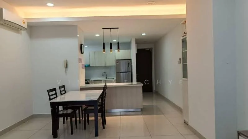 Kitchen features: white cabinetry, stainless-steel fridge, built-in oven, 4-burner gas hob, single-bowl stainless-steel sink, chrome pull-down faucet, white tiled backsplash, pendant lighting, open-plan layout, ceramic tile flooring, recessed downlights, air conditioning unit; style: modern. Dining features: 4-seater dining table, black dining chairs, neutral wall color, ceramic tile flooring; style: modern.