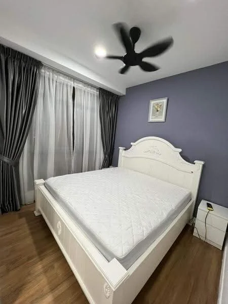 Bedroom features: queen-size bed, upholstered headboard, grey curtains, floor-to-ceiling windows, wooden flooring, 5-blade ceiling fan with light, decorative wall art, nightstand with drawer; style: modern.