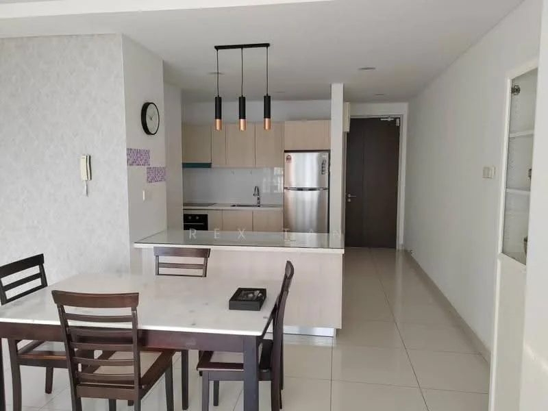 Dining features: 4-seater dining table, wooden dining chairs, pendant lighting with three bulbs, white walls, tile flooring, clock on wall, open layout to kitchen, kitchen island with countertop; style: modern. Kitchen features: stainless-steel fridge, built-in kitchen cabinets, countertop with bar seating, ceramic tile backsplash, oven, stainless-steel sink, chrome faucet, microwave; style: modern.