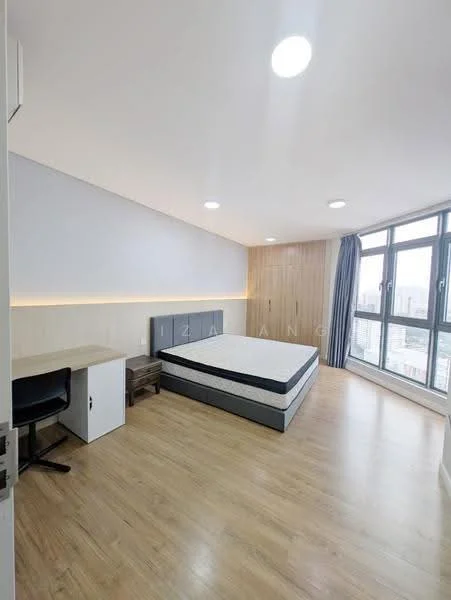 Bedroom features: queen-size bed, wooden flooring, light grey painted walls, wood panel accent wall, floor-to-ceiling windows, blackout curtains, desk with chair, recessed LED downlights; style: modern; view: city.