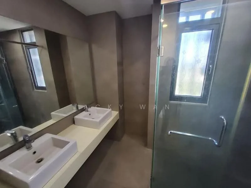 Bathroom features: two single-sink vanities with white ceramic sinks, chrome basin mixers, large wall-mounted mirror, glass shower enclosure, window with frosted glass, grey tiled walls, grey tiled flooring, built-in shelf under the sink; style: modern.
