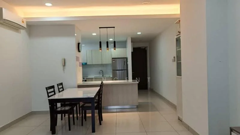 Kitchen features: white cabinets, stainless-steel fridge, built-in oven, 4-burner gas hob, white countertop, pendant lighting, tile flooring, wall-mounted split AC; style: modern. Dining features: 4-seater dining table, black dining chairs, open layout, tile flooring; style: modern.