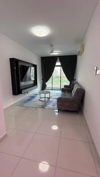 Living features: grey fabric 3-seater sofa, coffee table, wall-mounted TV, floor-to-ceiling windows, blackout curtains, white painted walls, polished ceramic tile flooring, ceiling light, 1 wall-mounted split AC; style: modern; view: garden.