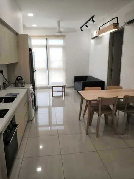 Kitchen features: white cabinetry, stainless-steel sink, chrome pull-down faucet, built-in oven, 4-burner gas hob, stainless-steel fridge, white tiled backsplash, marble countertop, pendant light, 5-blade ceiling fan, recessed LED downlights, dining table with 4 wooden chairs, grey fabric sofa, large windows with sheer curtains, glossy tiled flooring; style: modern; view: city.