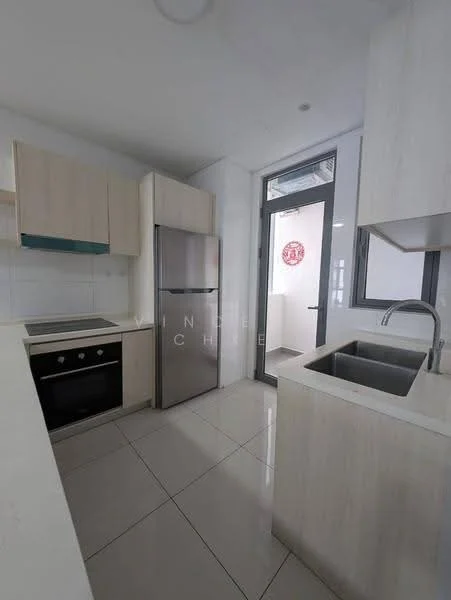 Kitchen features: light wood cabinetry, stainless-steel fridge, built-in oven, ceramic cooktop, single-bowl stainless-steel sink, chrome pull-down faucet, white tiled backsplash, white walls, glossy tile flooring, floor-to-ceiling windows, natural light, open layout; style: modern.