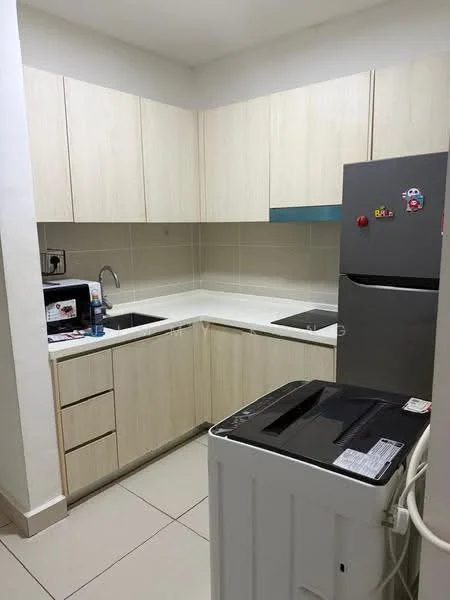 Kitchen features: light wood cabinetry, white countertop, single-bowl stainless-steel sink, chrome pull-down faucet, built-in electric cooktop, stainless-steel fridge, top-load washing machine, ceramic tile flooring, white tiled backsplash, under-cabinet lighting; style: modern.