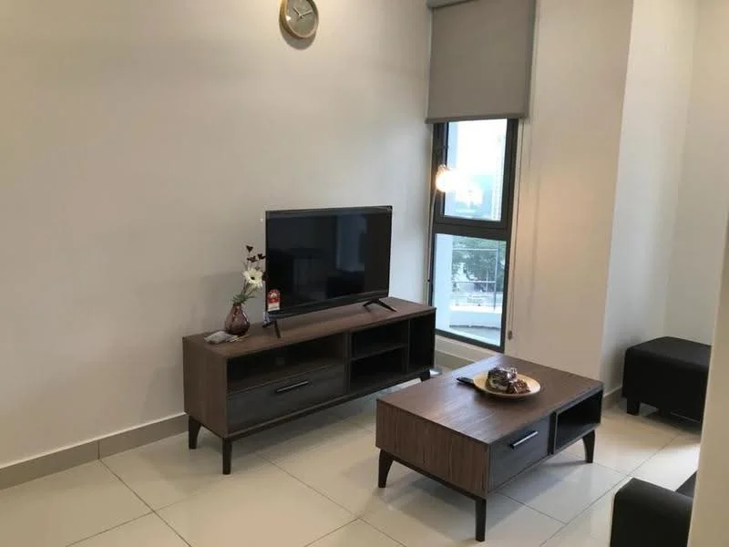 Living features: light grey painted walls, white ceiling, floor-to-ceiling window, roller blinds, light-colored tile flooring, wooden TV console, flat-screen TV, coffee table, decorative vase with flowers, snack plate on coffee table, black ottoman, wall clock; style: modern; view: city.