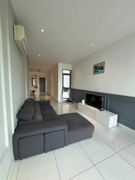 Living features: grey fabric sectional sofa, white TV console, wall-mounted TV, recessed LED downlights, white tiled flooring, light grey painted walls, air conditioning unit, framed artwork on wall, large window with natural light; style: modern.