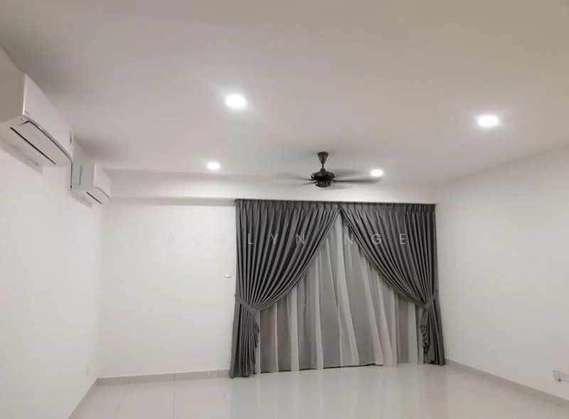 Living features: white painted walls, polished ceramic tile flooring, 5-blade ceiling fan with light, recessed LED downlights, floor-to-ceiling windows, sheer curtains, blackout curtains, 1 wall-mounted split AC; style: modern.