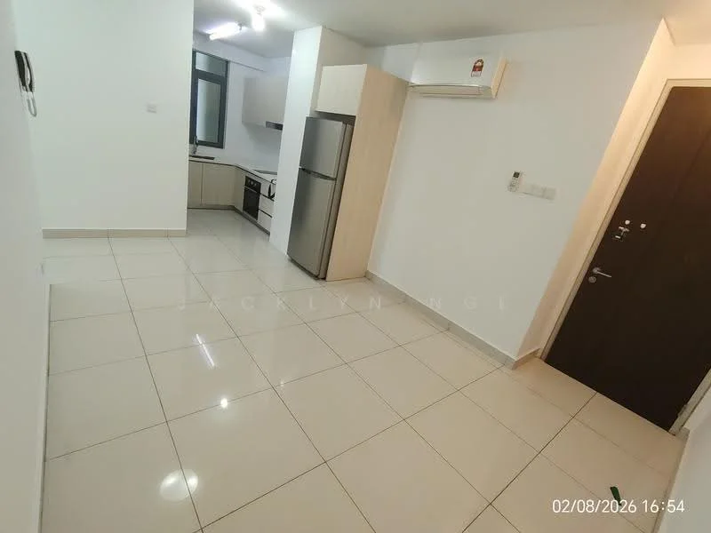 Room features: white painted walls, glossy tile flooring, recessed downlights, kitchen cabinetry in light wood, stainless-steel fridge, built-in kitchen oven, single-bowl stainless-steel sink, chrome pull-down faucet, wall-mounted split AC, main entrance door with security lock, window with natural light; style: modern.