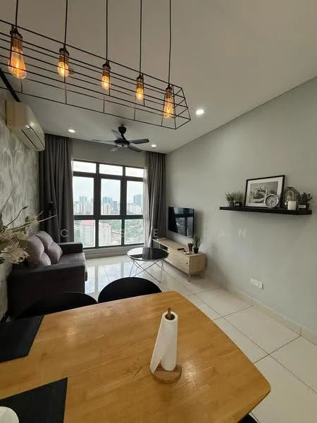 Living features: 3-seater fabric sofa in dark grey, wooden dining table, black dining chairs, pendant light fixture with exposed bulbs, ceiling fan, floor-to-ceiling windows, TV console, wall-mounted TV, decorative shelf, decorative plants, white tiled flooring, grey painted walls, curtains, wall art; style: modern; view: city.