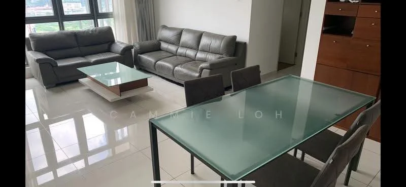 Living features: 2-seater fabric sofa in grey, 3-seater fabric sofa in grey, glass coffee table, dining table with glass top, 4 upholstered dining chairs, large windows with sheer curtains, white painted walls, glossy tile flooring, recessed downlights; style: modern; view: city.