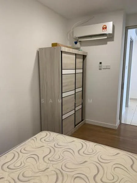 Bedroom features: wooden flooring, white painted walls, built-in wardrobe with drawers, wall-mounted air conditioning unit, single bed frame, neutral bedding, light switch, doorway leading to another room; style: modern.