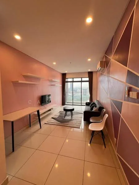Living features: pink accent wall, white painted walls, glossy tile flooring, floor-to-ceiling windows, black TV console, wall-mounted TV, 3-seater black sofa, round coffee table, white dining chair, shelves on wall, curtains, air conditioning unit; style: modern; view: city.