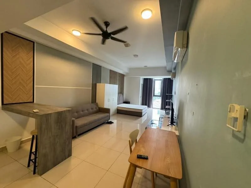 Living features: grey fabric sofa, wooden coffee table, TV console, wall-mounted TV, ceiling fan, recessed downlights, white painted walls, tile flooring, large windows with curtains, open layout, bar counter with stools, air conditioning unit; style: modern; view: city. Room features: queen-size bed, wooden wardrobe, light-colored bedding, floor-to-ceiling windows.