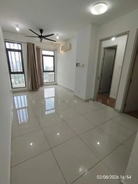 Living features: white painted walls, glossy ceramic tile flooring, recessed downlights, 5-blade ceiling fan, floor-to-ceiling windows, sheer curtains, air conditioning unit, neutral color scheme; style: modern; view: city. Room features: doorway leading to another room.