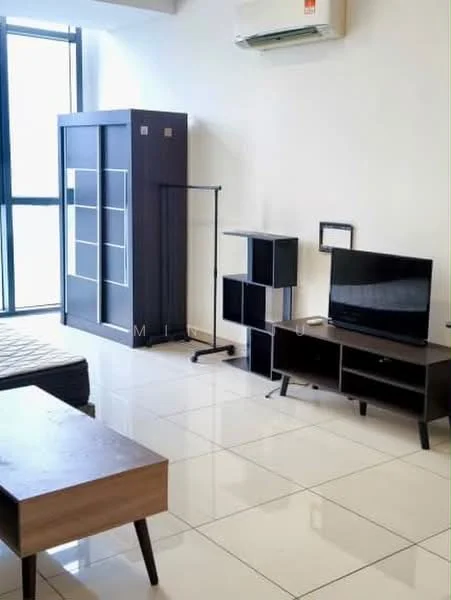 Living features: white painted walls, glossy tile flooring, floor-to-ceiling windows, wall-mounted split AC, black TV console, flat-screen TV, wooden coffee table, black shelving unit, clothes rack, black wardrobe, sofa bed, decorative mirror; style: modern.