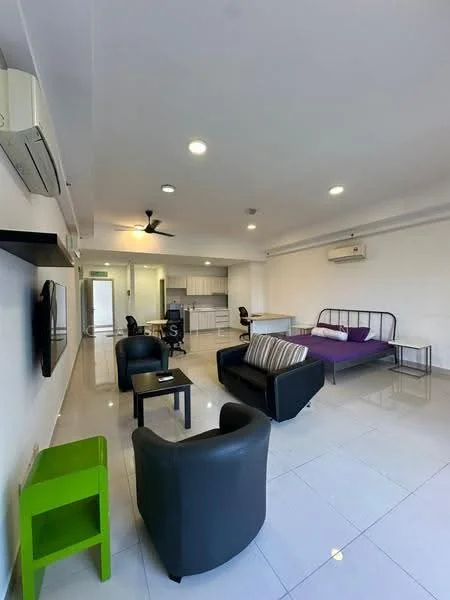 Living features: white painted walls, glossy tile flooring, 5-blade ceiling fan with light, wall-mounted TV, black leather 3-seater sofa, black leather armchair, green side table, purple bed frame, dining table with chairs in background, air conditioning unit; style: modern.