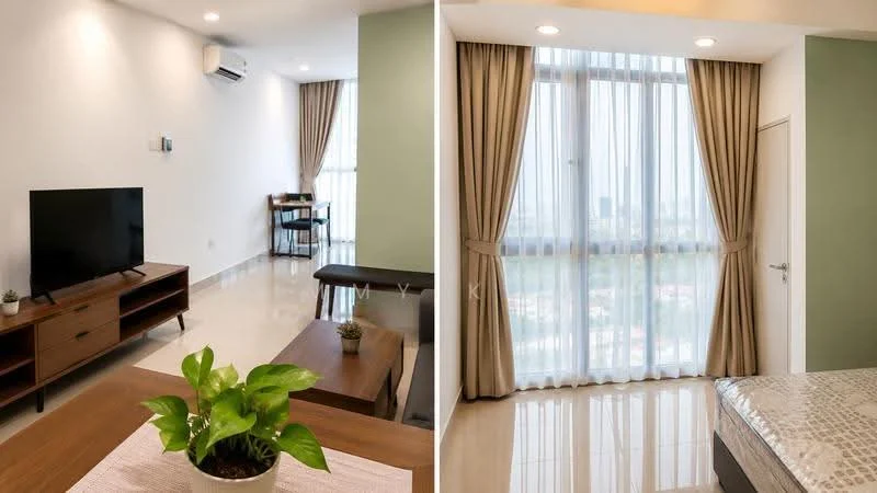 Living features: wall-mounted TV, wooden TV console, coffee table, 2-seater dining table, 1 wall-mounted split AC, cream painted walls, polished tile flooring, recessed downlights; style: modern; view: city. Bedroom features: floor-to-ceiling windows, sheer curtains, queen-size bed, upholstered headboard, wooden bedside table, polished tile flooring, cream painted walls, recessed downlights; style: modern; view: city.