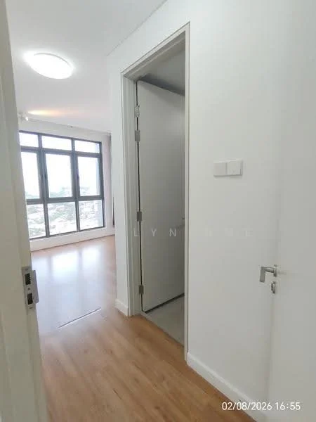 Room features: white painted walls, laminate flooring, ceiling light fixture, floor-to-ceiling windows, door to adjacent room; style: modern; view: city.