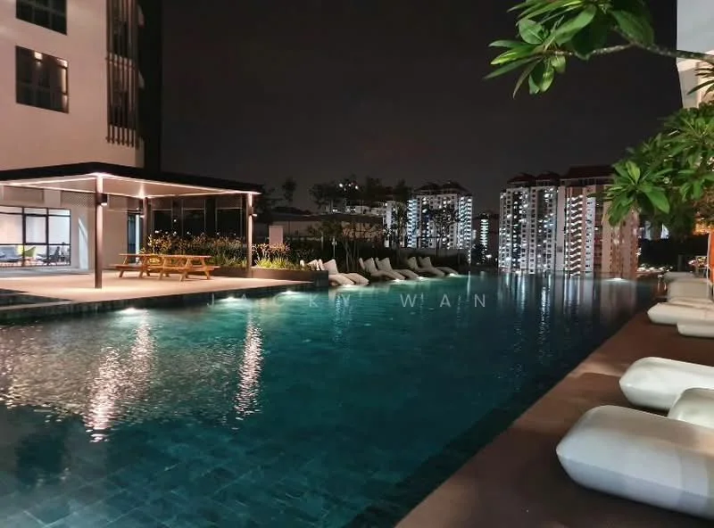 Exterior type: swimming pool deck; features: infinity pool, pool deck with loungers, landscaped garden area, outdoor dining area with picnic table, surrounded by residential buildings, night lighting, tropical landscaping, palm trees; style: modern.