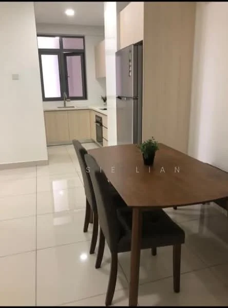 Dining features: wooden dining table, 4 dining chairs, potted plant on table, white walls, glossy tile flooring, recessed ceiling lights, large window with natural light, open layout to kitchen; style: modern. Kitchen features: light wood cabinetry, stainless-steel fridge, built-in oven, kitchen sink with faucet, countertop space, tile backsplash, induction cooktop, window above sink; style: modern.