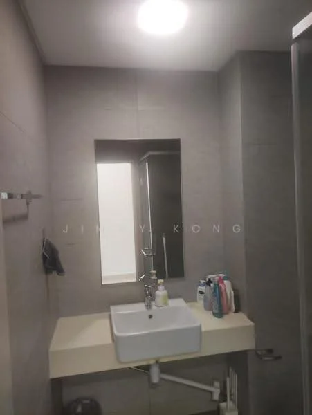 Bathroom features: grey tiled walls, light grey tile flooring, single-bowl ceramic sink, chrome basin mixer faucet, framed mirror, shower enclosure, wall-mounted towel rack, built-in cabinet, LED ceiling light; style: modern.