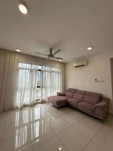 Living features: 5-blade ceiling fan with light, floor-to-ceiling windows, sheer curtains, light-coloured walls, white tiled flooring, L-shape sectional sofa in pink, recessed downlights, wall-mounted air conditioning unit; style: modern; view: city.