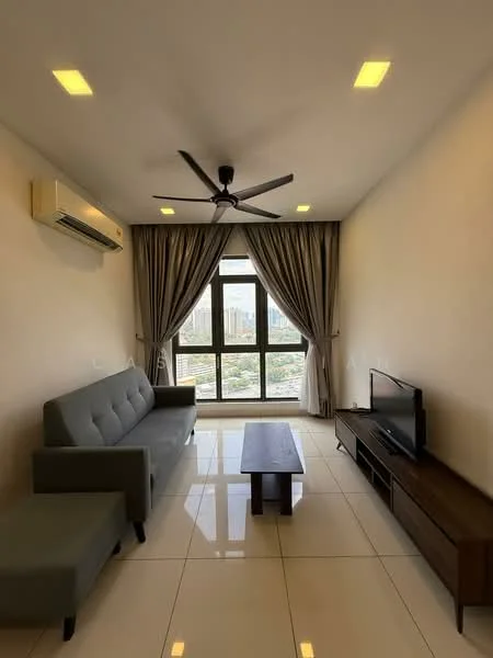 Living features: 3-seater fabric sofa in grey, wood coffee table, wall-mounted TV, TV console, floor-to-ceiling windows, sheer curtains, recessed LED downlights, 1 wall-mounted split AC, white painted walls, glossy tile flooring, ceiling fan with 5 blades; style: modern; view: city.