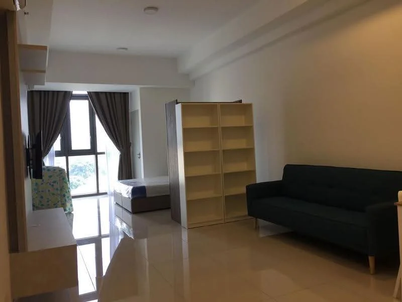 Living features: white painted walls, glossy tile flooring, floor-to-ceiling windows, grey fabric sofa, built-in shelving unit, curtains, queen-size bed, mattress, TV mounted on wall; style: modern; view: city.