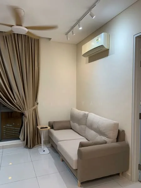 Living features: 3-seater fabric sofa in beige, white side table, floor-to-ceiling window with sheer curtains, white tiled flooring, wall-mounted split AC, recessed LED downlights, cream painted walls, ceiling fan; style: modern.