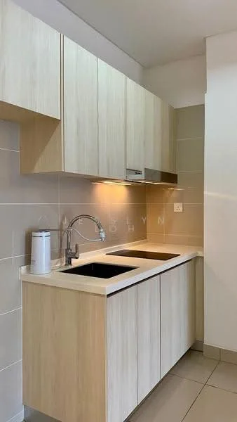 Kitchen features: light wood cabinetry, double-bowl stainless-steel sink, chrome pull-down faucet, white countertop, tile backsplash, built-in oven, under-cabinet lighting, grey tiled flooring; style: modern.
