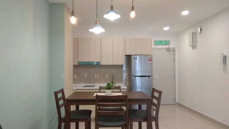 Dining features: wooden dining table, 4 wooden dining chairs, pendant lighting with three bulbs, light grey walls, cream cabinetry, stainless-steel fridge, white countertop, built-in kitchen cabinetry, tile flooring, wall-mounted air conditioning unit; style: modern.
