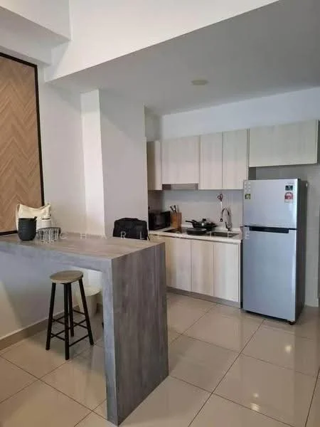 Kitchen features: light wood cabinetry, grey countertop, stainless-steel fridge, built-in oven, ceramic cooktop, single-bowl stainless-steel sink, chrome pull-down faucet, tile backsplash, pendant lighting, bar counter with stool, white walls, glossy tile flooring; style: modern.