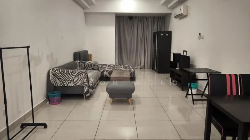 Living features: grey fabric sofa, black and white patterned throw blanket, ottoman, glass coffee table, black wooden TV console, floor-to-ceiling curtains, wall-mounted air conditioning unit, ceramic tile flooring, white painted walls; style: modern.