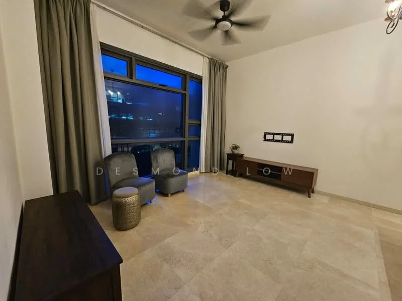 Living features: cream painted walls, marble tile flooring, 5-blade ceiling fan with light, floor-to-ceiling windows, sheer curtains, wooden sideboard, two accent chairs, decorative plant, wall-mounted TV console; style: modern; view: city.