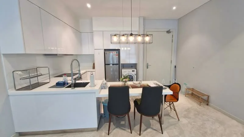 Kitchen features: white cabinetry, black countertop, stainless-steel sink, chrome pull-down faucet, built-in refrigerator, freestanding washing machine, 4-burner gas hob, pendant lighting, dining table with 2 chairs, grey walls, tile flooring, open shelving; style: modern.