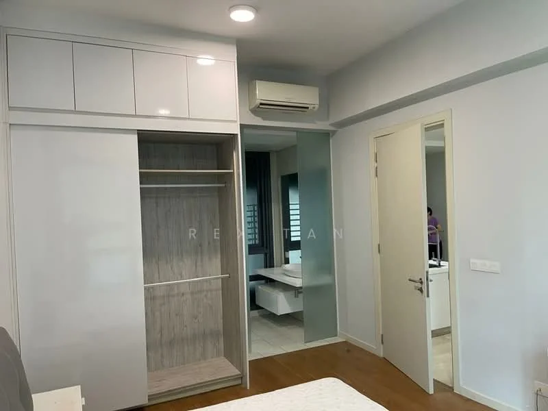 Bedroom features: built-in wardrobe with sliding doors, light wood shelving, grey accent wall, white painted walls, wood flooring, wall-mounted split AC, recessed ceiling lights, door leading to bathroom, mirror panel, neutral color scheme; style: modern.