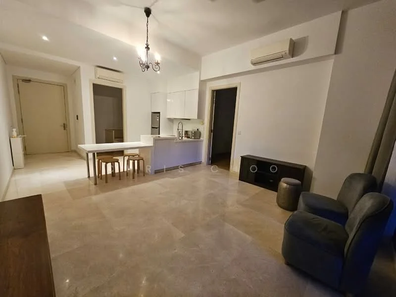 Living features: cream painted walls, marble tile flooring, recessed downlights, chandelier, floor-to-ceiling windows, sliding glass door, 3-seater fabric sofa in grey, dining table with 4 chairs, built-in kitchen cabinetry, stainless-steel fridge, microwave, 1 wall-mounted split AC; style: modern.